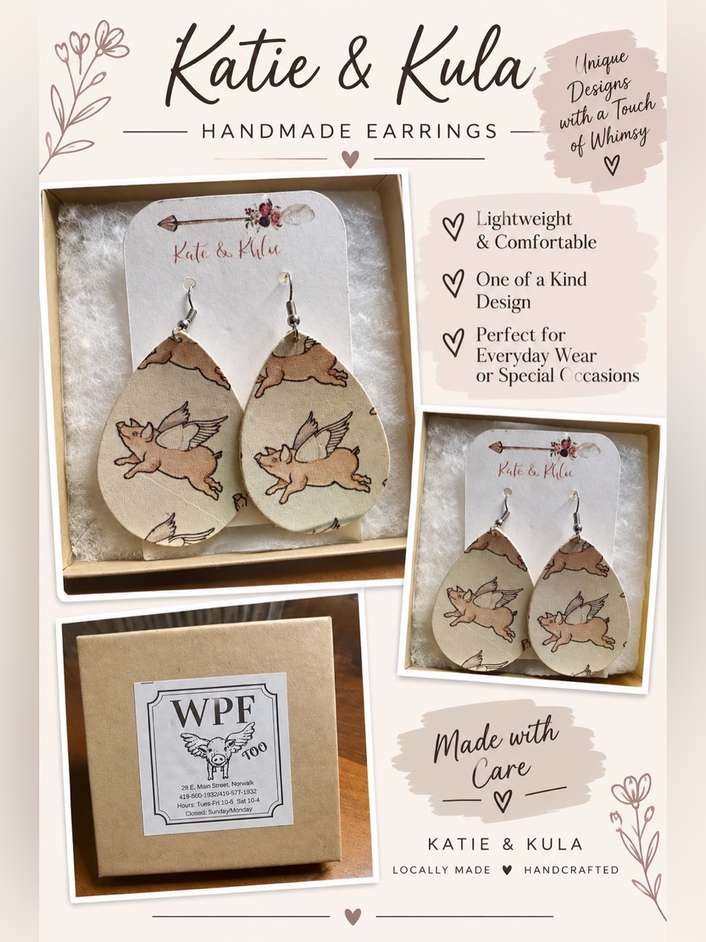 Beige Winged Pig Teardrop Earrings